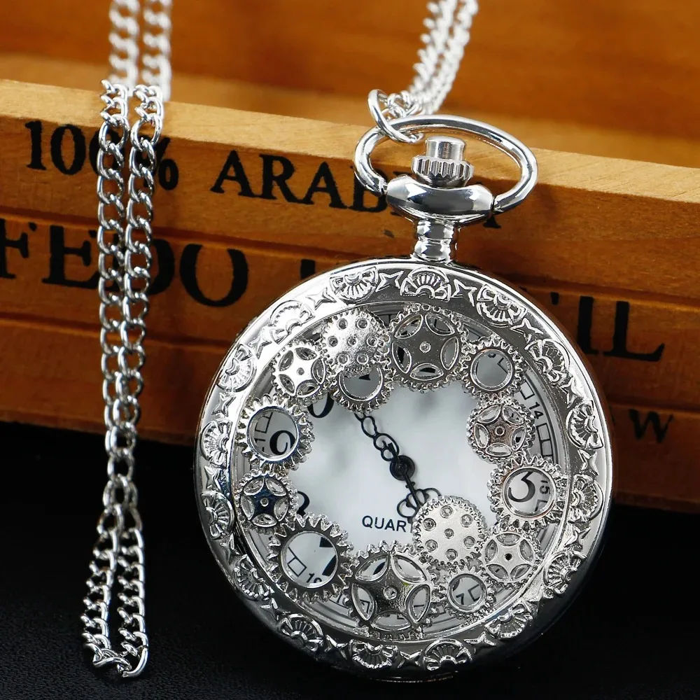Sculptured Gear Hollow Skeleton Silver Pocket Watch Arabic Number Fob Watch Men Women Quartz Pendant Clock