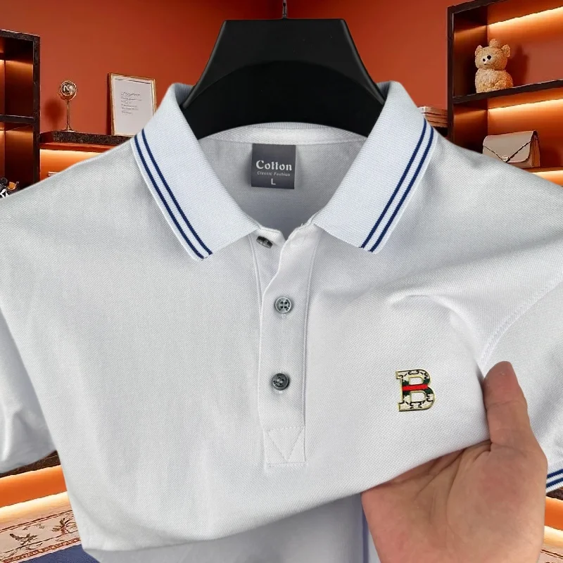 Polo de manga corta para hombre, 100% algodón puro, marca de alta gama, moda de verano, nuevo diseño a rayas con insignia de la letra B, camiseta casual de golf.