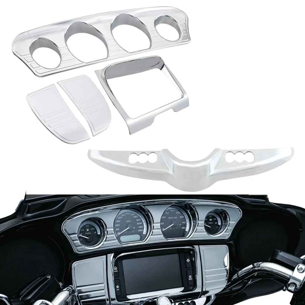 5Pcs Motorcycle Chrome Inner Fairing Tri-Line Gauge Stereo Bezel Trims Panel For-Harley Street Glide Tri Glide