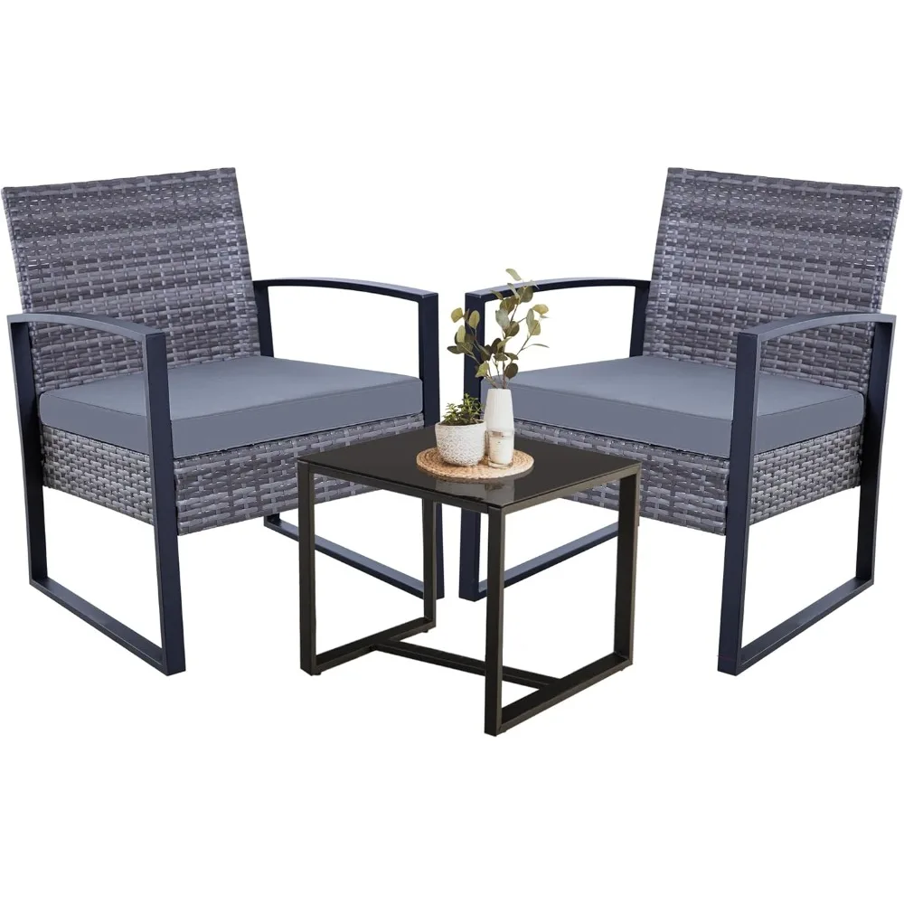 

3 Pieces Patio Furniture Set, Outdoor Wicker Conversation Bistro Set w/ 2 Chairs, 2 Cushions, Coffee Table for Garden Balcony Ba