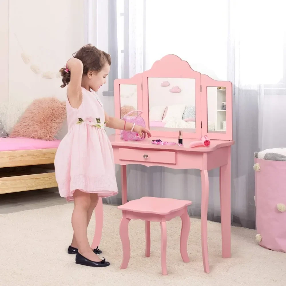 

Kids Wooden Vanity Table & Stool Set, 2 in 1 Detachable Design with Dressing Table and Writing Desk, Princess Makeup Dressing T