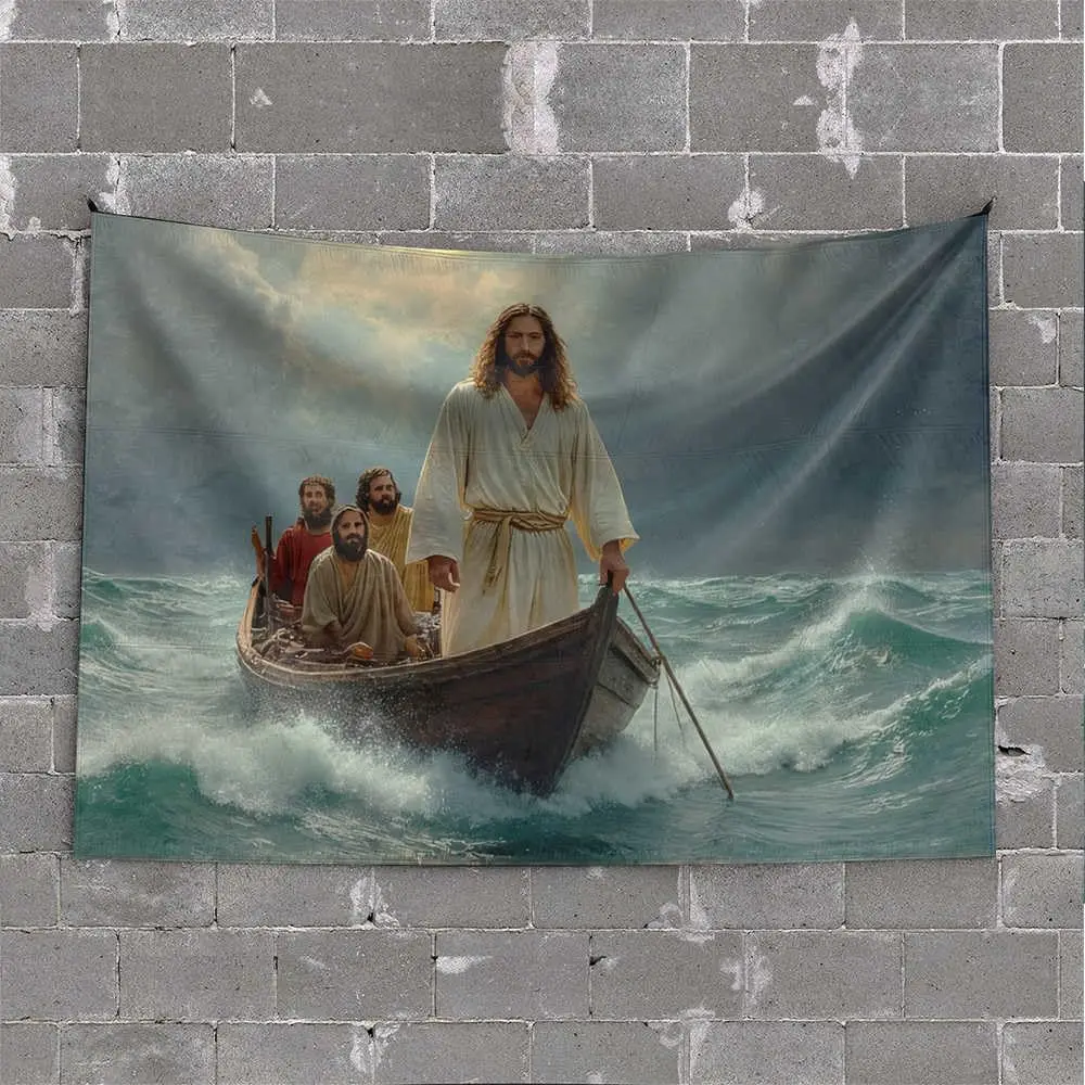 Biblical Tapestry Jesus Christ Walking on Water Christian Faith Wall Hanging Decor Divine Journey Scripture Art Polyester Home D