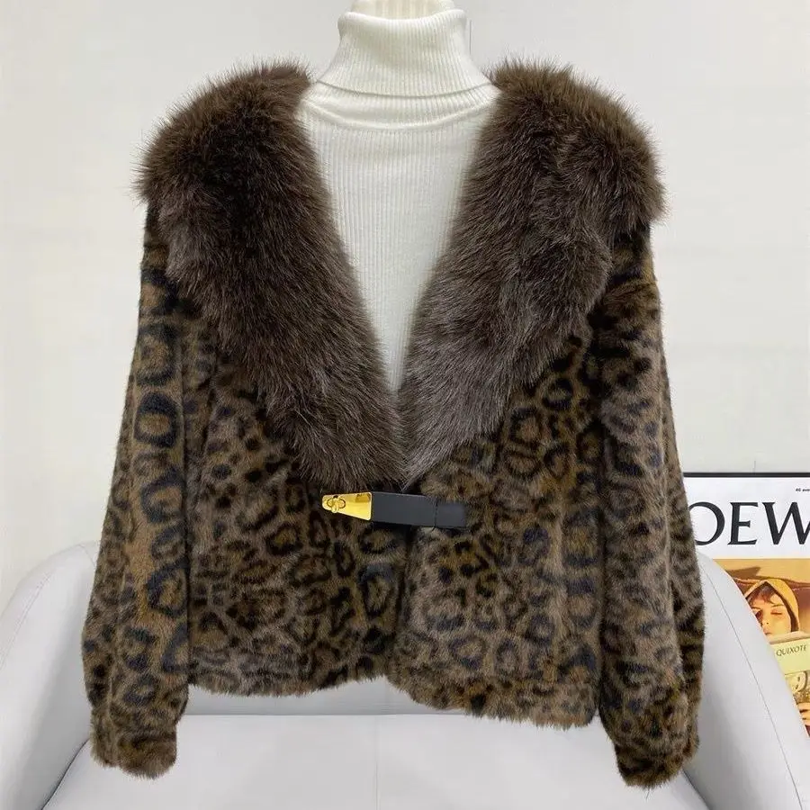 

Women's Leopard Print V-neck Imitation Fur Coat