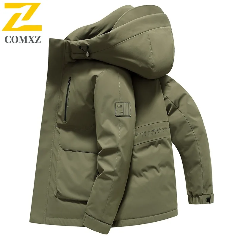 COMXZ Men Puffer Coat Classic Hooded Commuting Office Windproof  Parka Premium Solid Color Travel Comfortable Autumn Winter Coat