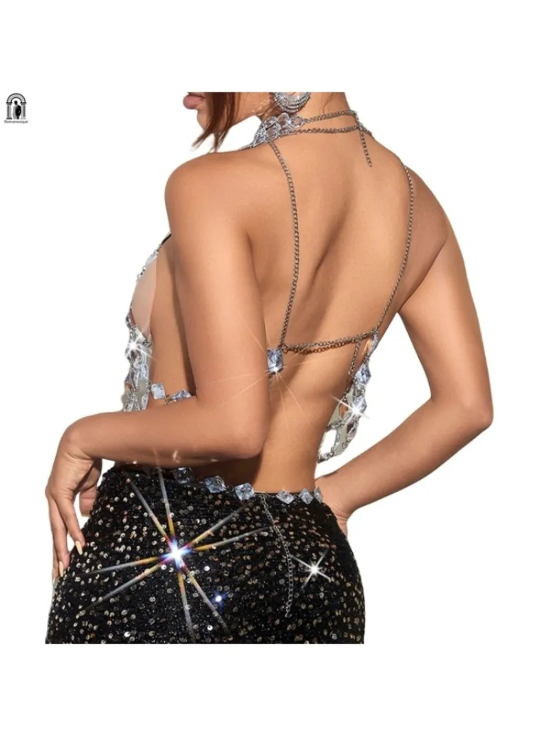 Women's Sparkly Crystal Chainmail Crop Top Backless Gemstones And Metal Chain Jewelry Body Chain For Social Gatherings