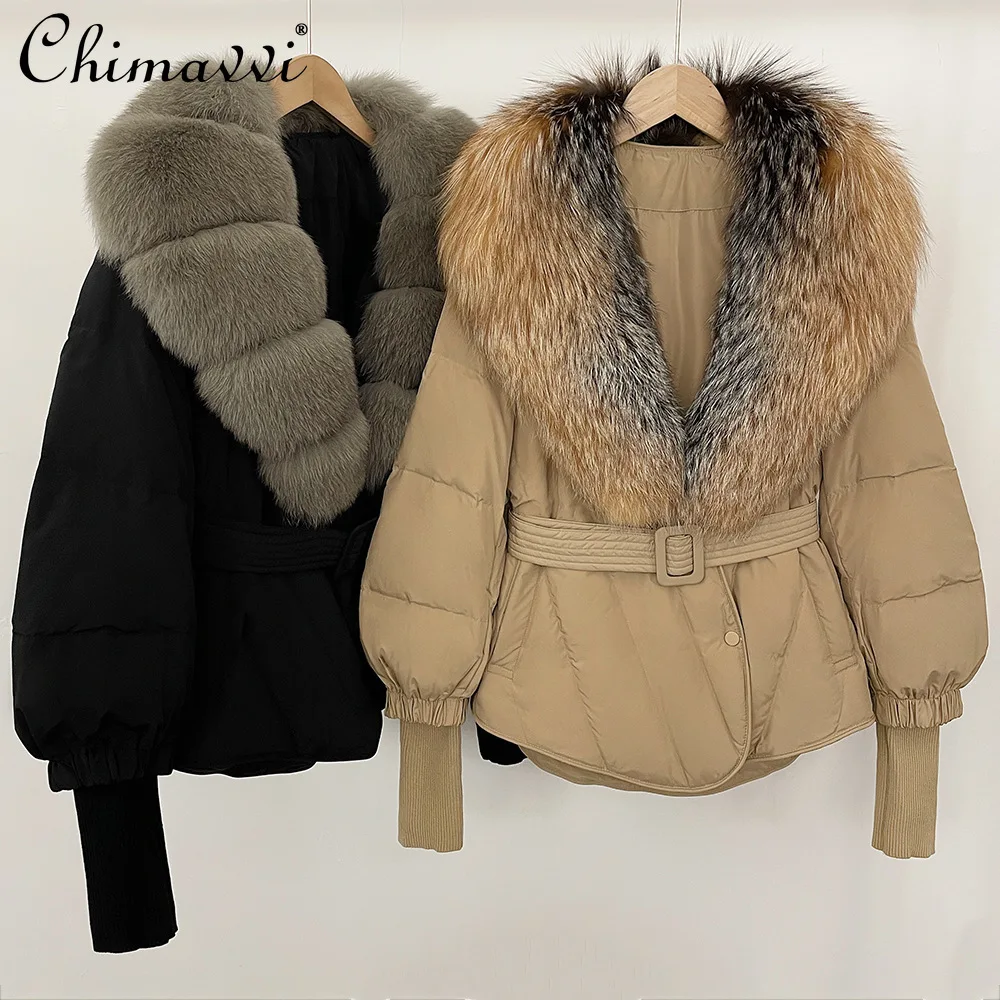 

Fashion Elegant White Duck Down Jacket High End Detachable Fur Collar Belt Versatile Casual Warm Down Coats for Women Winter