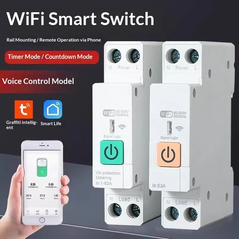 

Smart circuit breaker, compatible with both Tuya and Mi Home apps, features WiFi remote control and overload protection.
