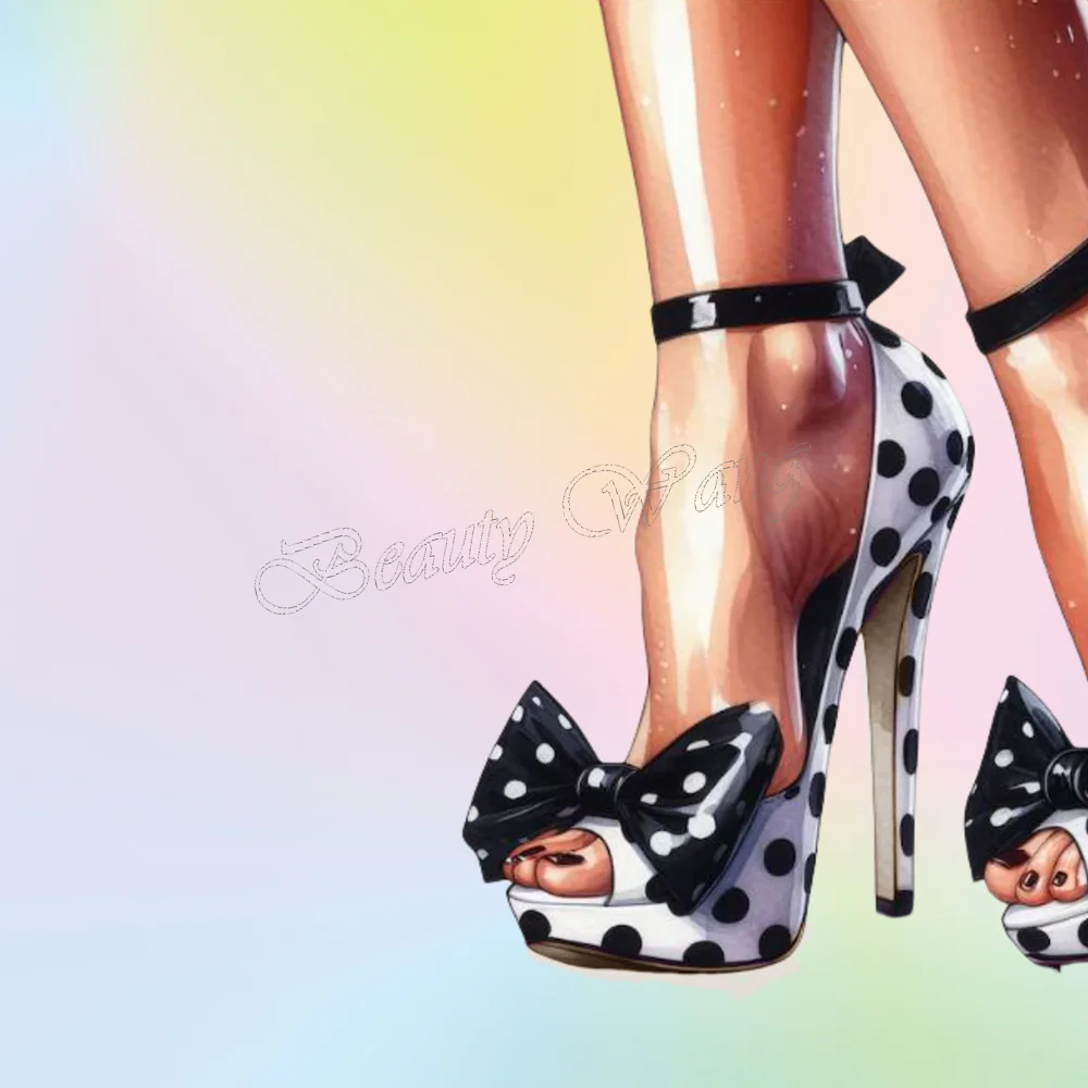 Black White Peep Toe Pumps Bow Knot Polka Dots Shoes Stilettos Heel High Heel Shoes for Women Shoes 2025 Zapatos Para Mujere