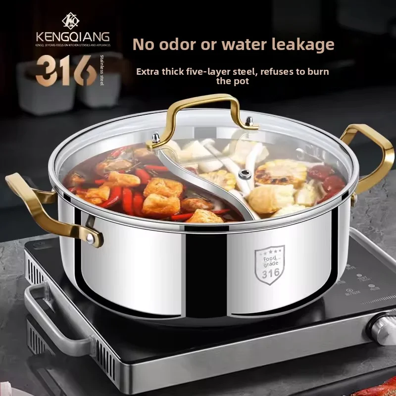 

Hot Pot Stainless Steel clear Soup Hot Pot 316 Stainless Steel Pot With Gold Handle 28/30/32cm