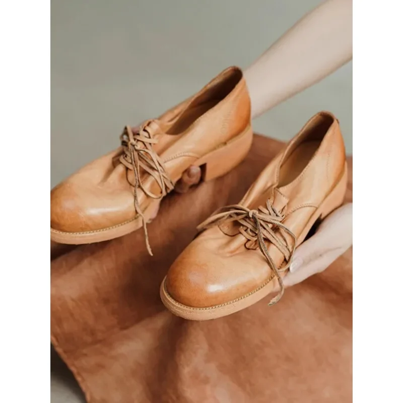 Medium Heeled Handmade Genuine Leather Single Shoes 2024 New Women Shoes Retro Thick Heeled Lace Shallow Soft Sole Shoes