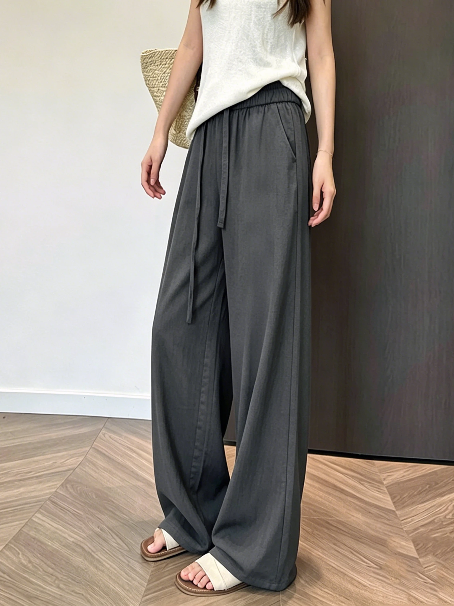 

Gray Cotton Linen Drawstring Pants Women Summer Small Size Slimming Drape Thin Straight Casual Wide Leg Pants Floor-Length Pants