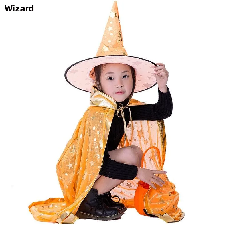 Halloween Heks Tovenaarsgewaad Kinder Vijfsterren Gold-pred Fluwelen Mantel Stage Performance Kostuum Polyestervezel 00%