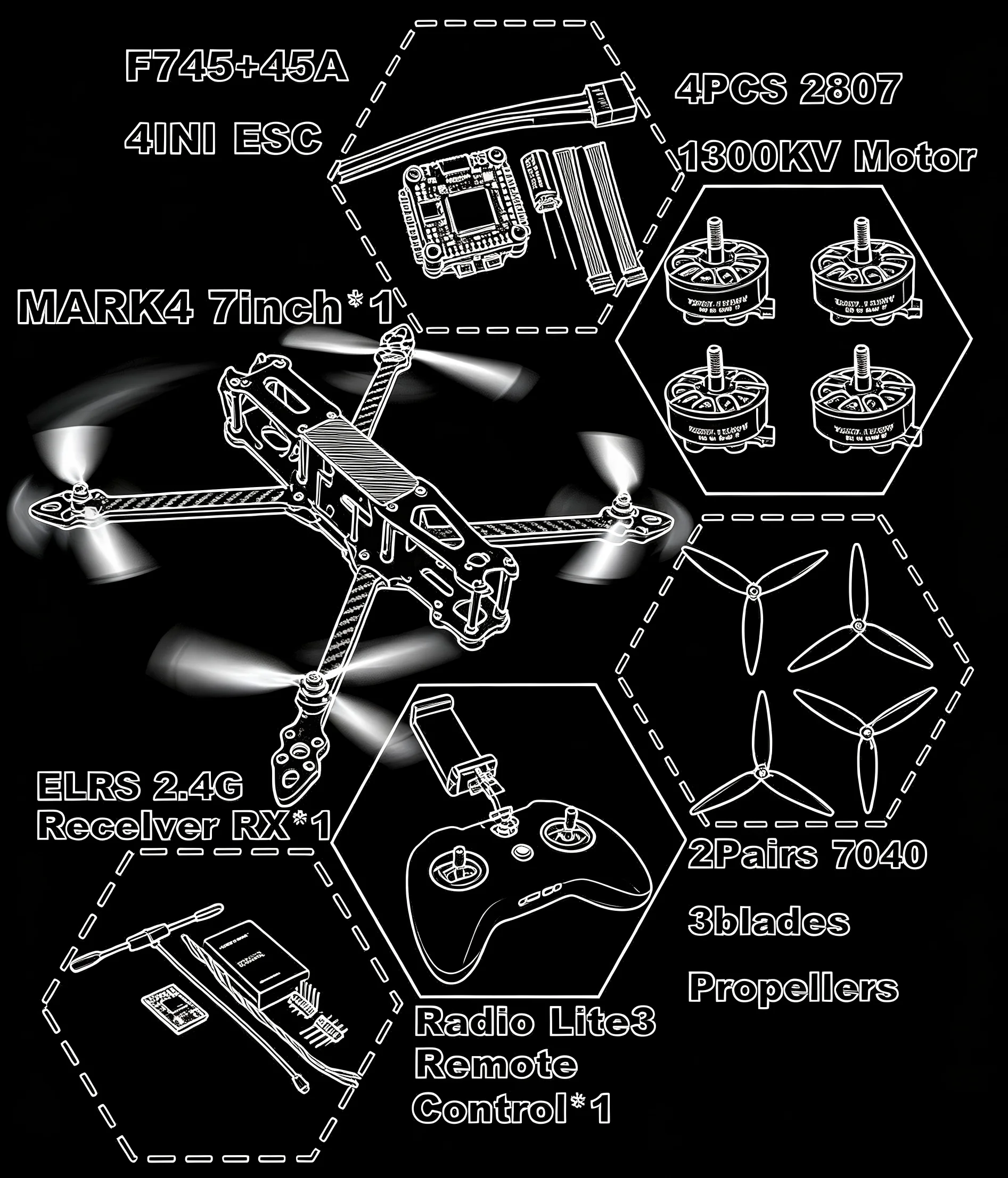 DroneHub MARK4 V2 7-Zoll F745 V2 Flugsteuerung 45/60A 4INI ESC Rack Drohne FPV Carbonfaser PV Racing Drohne Quadcopter Freestyle
