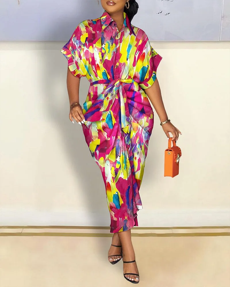 ชุดเดรสเสื้อเชิ้ตสตรีฤดูร้อนแขนสั้นปุ่มลงปกพิมพ์ชุดแฟชั่นหลวม Holiday Party ชุดราตรี 2025 Vestidos