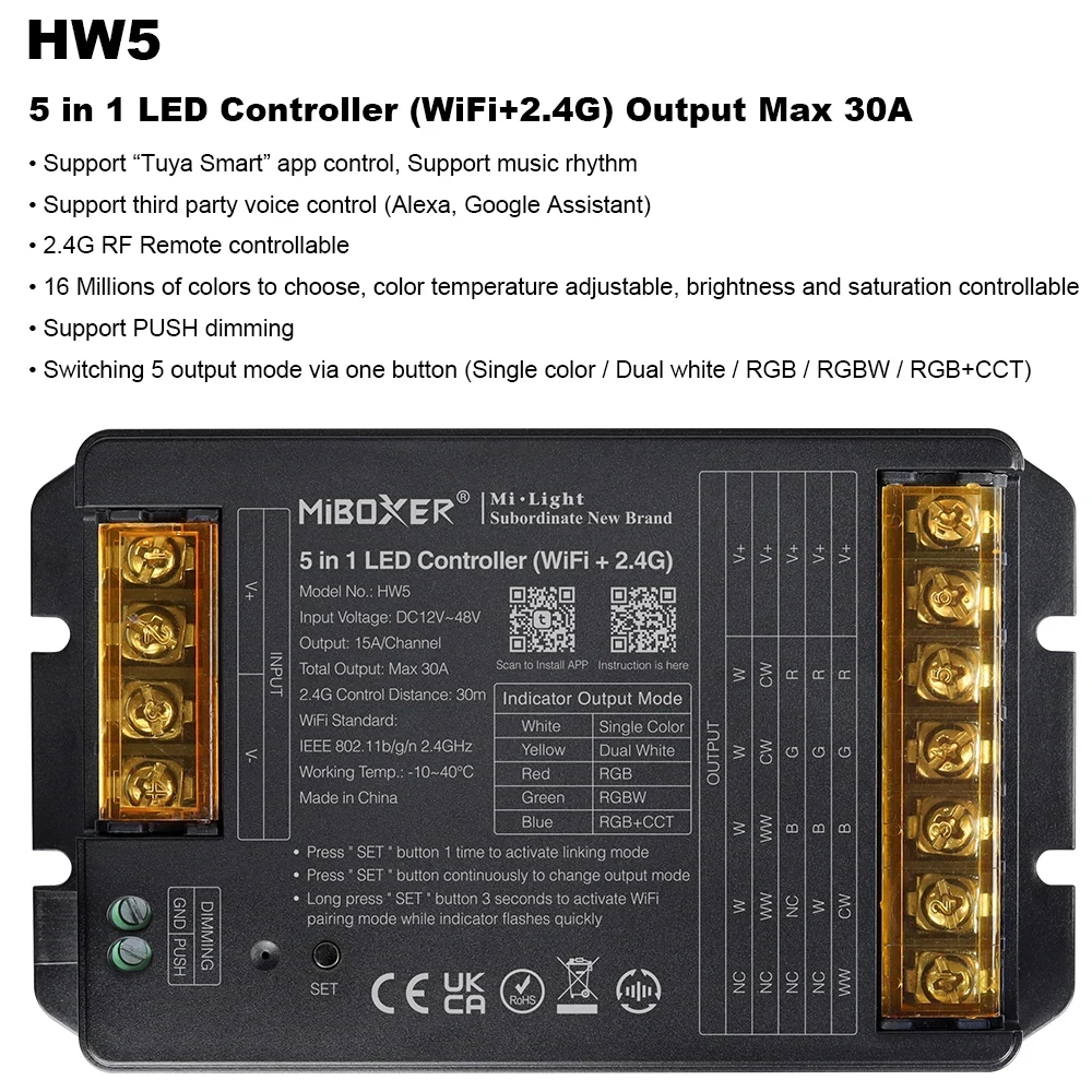 Imagem -02 - Controlador de Led Hhw2 Wifi 2.4g Max 30a Cor Única Branco Duplo Rgb Rgbw Rgb Mais Cct Controle de Aplicativos Alexa Google Miboxer-hhw5