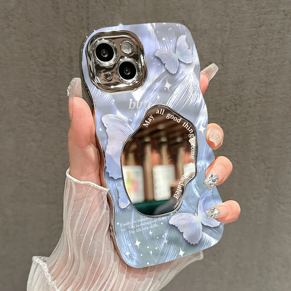 

Butterfly Wavy Stripes Phone Case For iPhone 16 Pro Case For iPhone 11 13 14 12 15 Pro Max Luxury Plating Make Up Mirror Cover