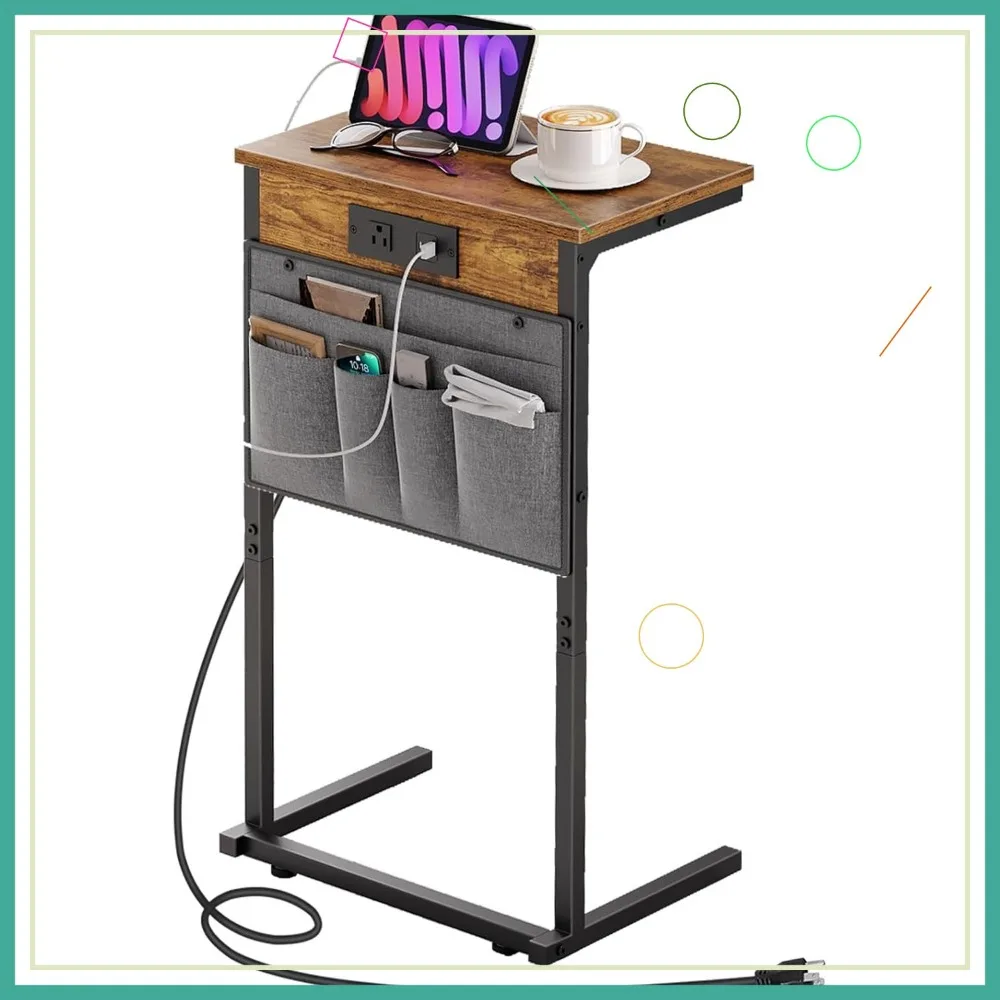 C-Shaped End Table with Charging Station, 28" H Sofa Side Table with Storage Bag for Living Room, Rustic Brown