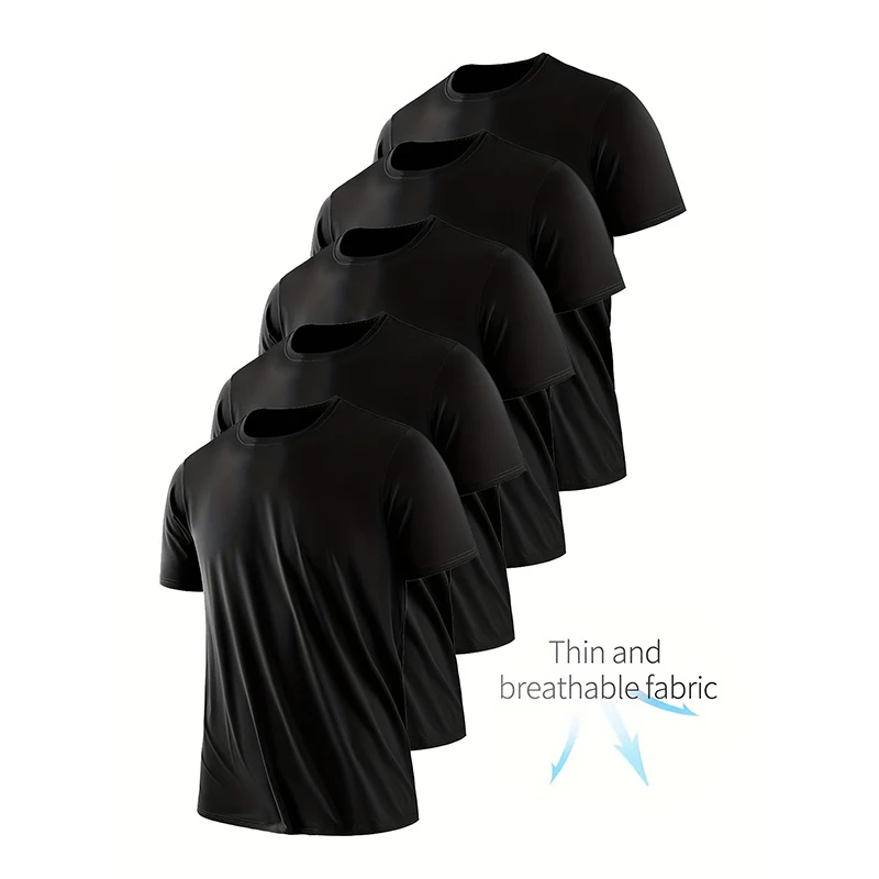 

5pcs Men's Running T-Shirts Ultra-Light Black Round Neck Short Sleeve Top Quick-Dry Breathable Sweat-Wicking Mesh for Gym Shirts