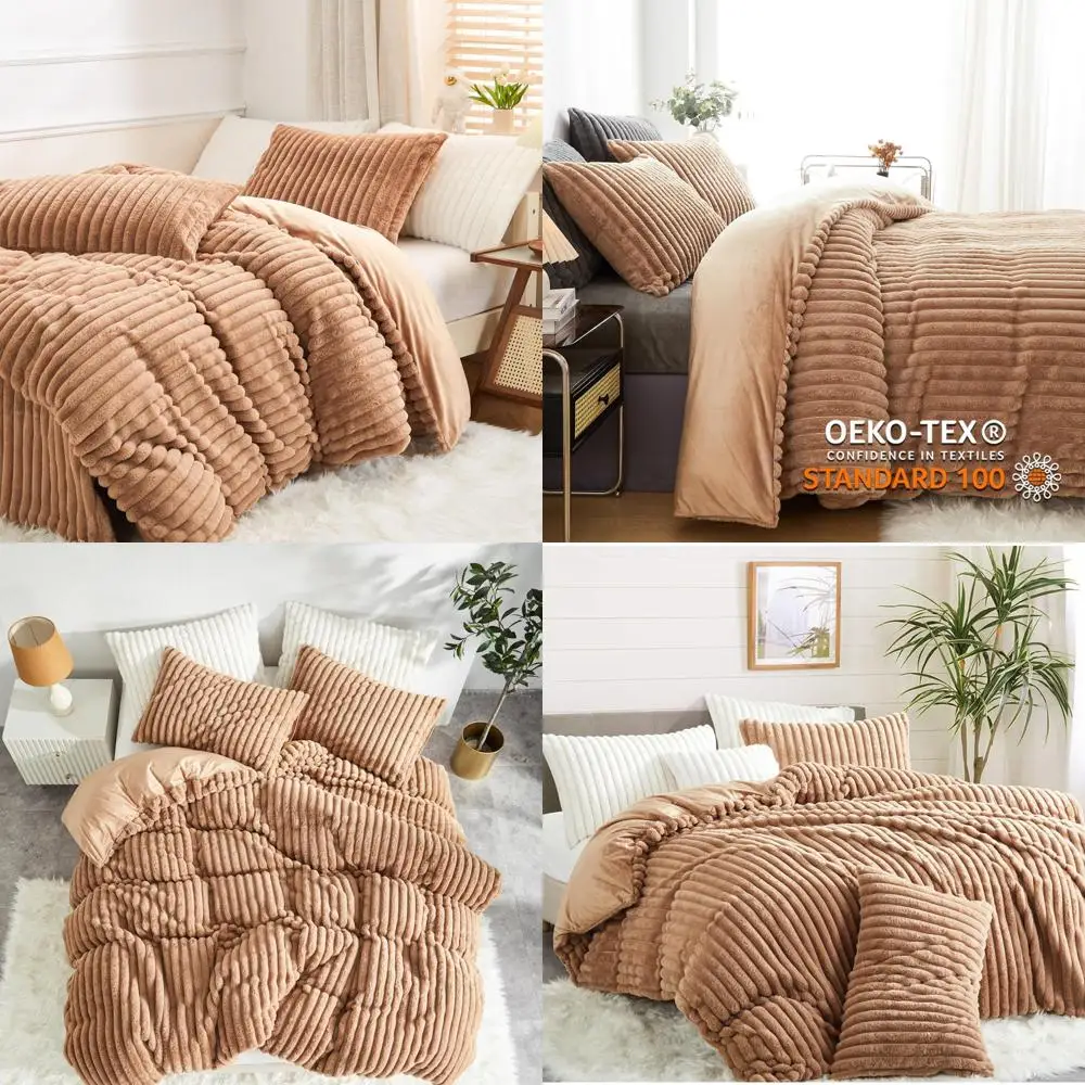 

Queen Size Plush Fuzzy Duvet Cover - Soft Velvet Comforter Cover for Winter Warmth - Khaki Color with 2 Pillowcases