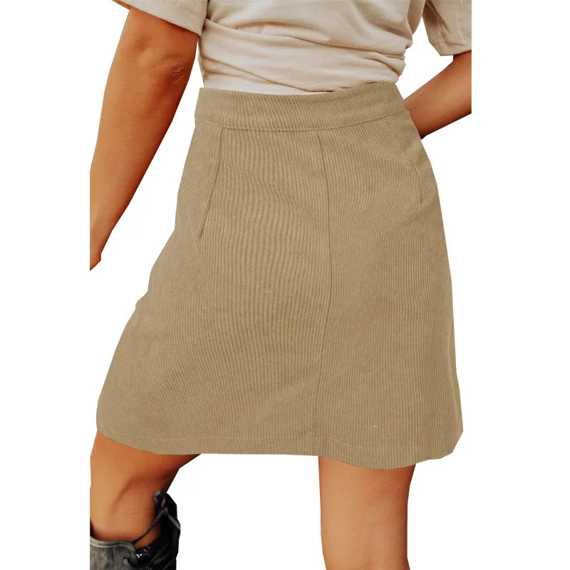 Vintage Brown Corduroy Skirts for Women Single Breasted Slim Fit Mini Skirt Woman Autumn Winter Korean Pocket Short Skirt Ladies