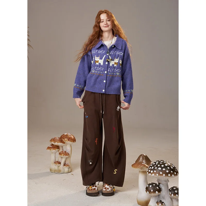 ELFSACK 2025 Jesień Nowości Uroczy Sweter Rozpinany z Dzianiny z Akcentami Kolorystycznymi, Dekolt w Serek, Luźny Krój dla Kobiet