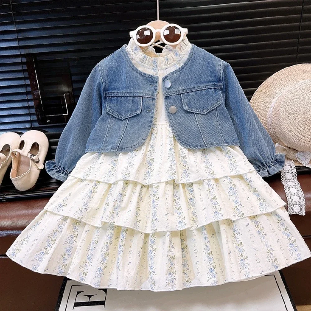 

Fashion New Plain Color Girls' Clothing Spring Autumn Long Sleeved Denim Jacket Jacket + Floral Long Sleeved Dress Two-piece Set