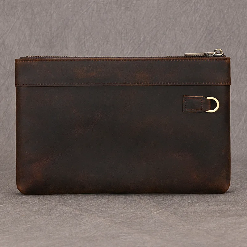 حقيبة يد مربعة خفيفة من جلد الحصان المجنون للرجال، محفظة طويلة ذات سعة كبيرة، حزام معصم مسطح للتخزين للأعمال القديمة #4