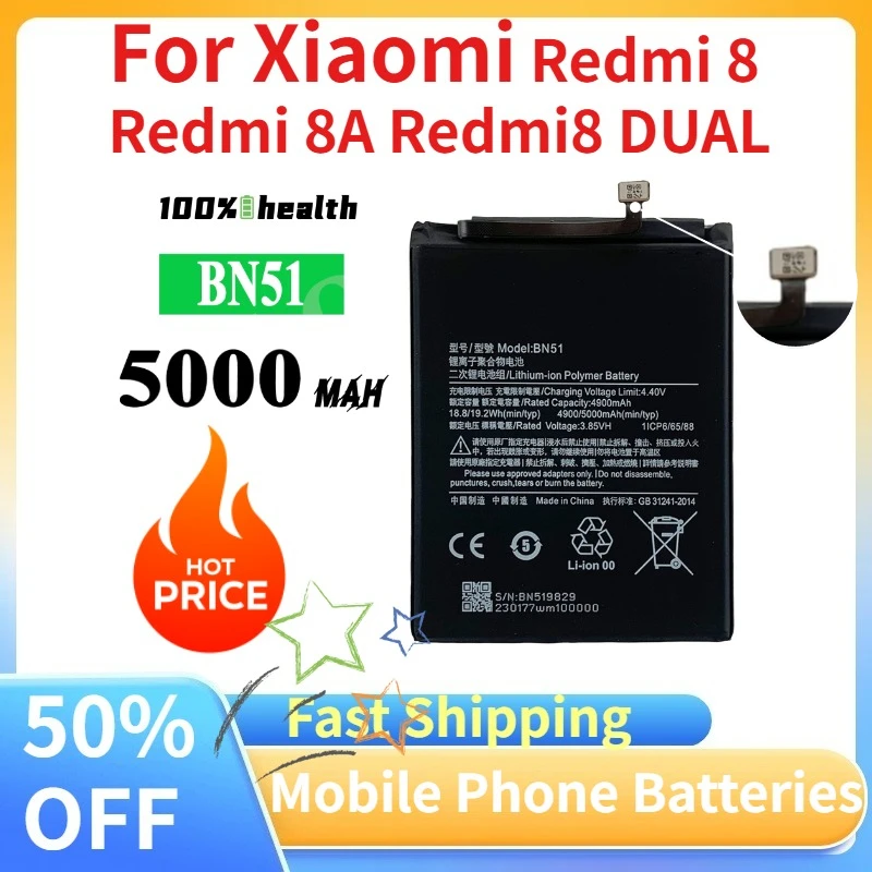 

BN51 5000mAh Mobile Phone Battery for Xiaomi Redmi 8 Redmi 8A Redmi8 DUAL High Quality Replacement Batteries +Tools