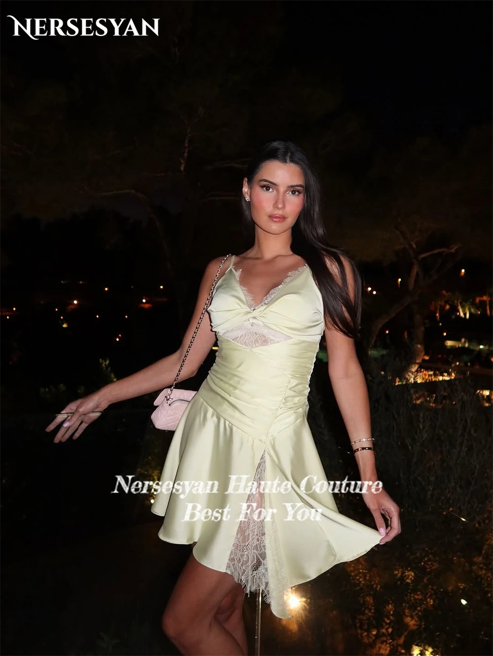 Nersesyan dentelle vert robes de bal bretelles Spaghetti Appliques plis Mini robe remise des diplômes retour robes de soirée 2025 personnalisé