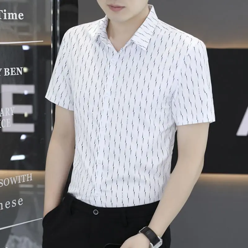Mens Lapel Collar Full Vertical Thin Line Print Slim Fit Short Sleeve Button Shirt