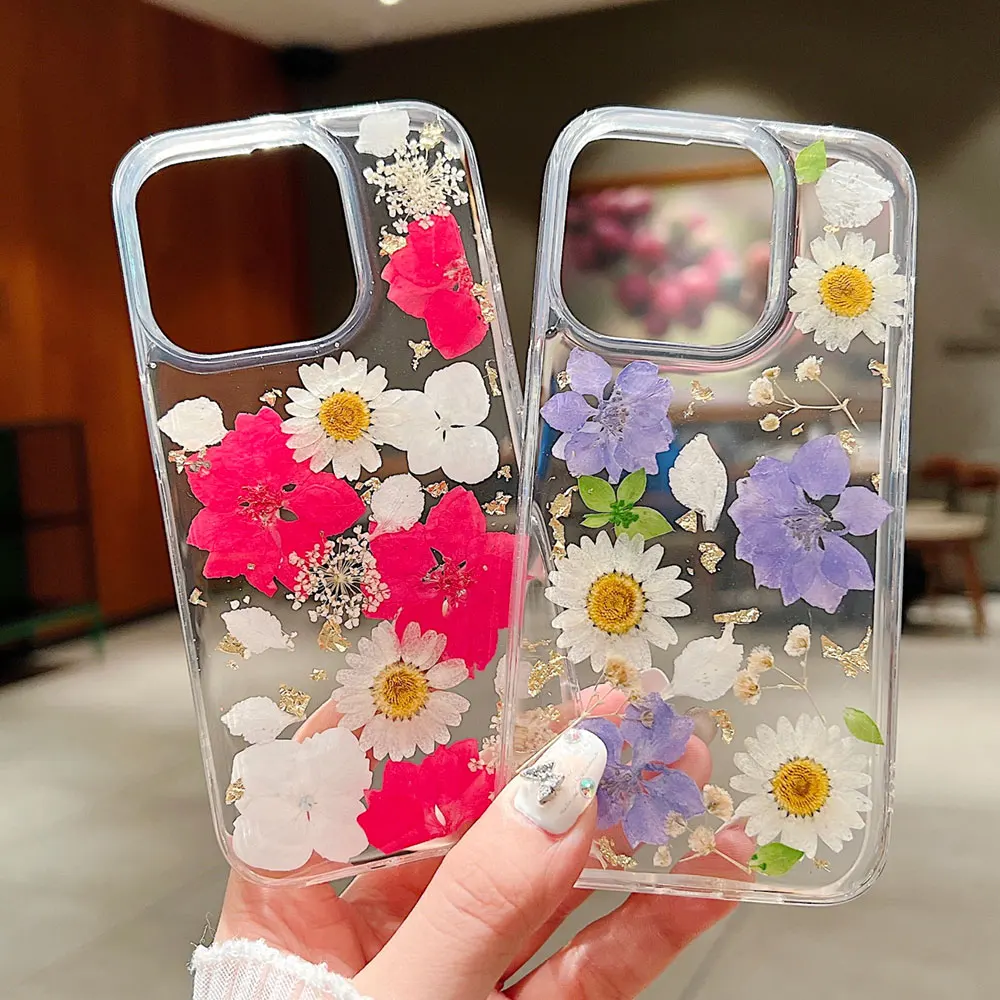 Real Floral Case for iPhone 15 14 13 12 11 Pro Max Plus Cover Crystal Clear Soft Epoxy Cute Glitter Shockproof Phone Shell Funda