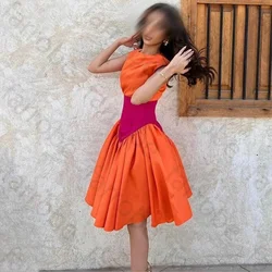 Customized Short Evening Prom Dresses Orange Fuchsia Satin O Neck Vintage A Line Party Celebrity Gowns Dubai Arabic for Women