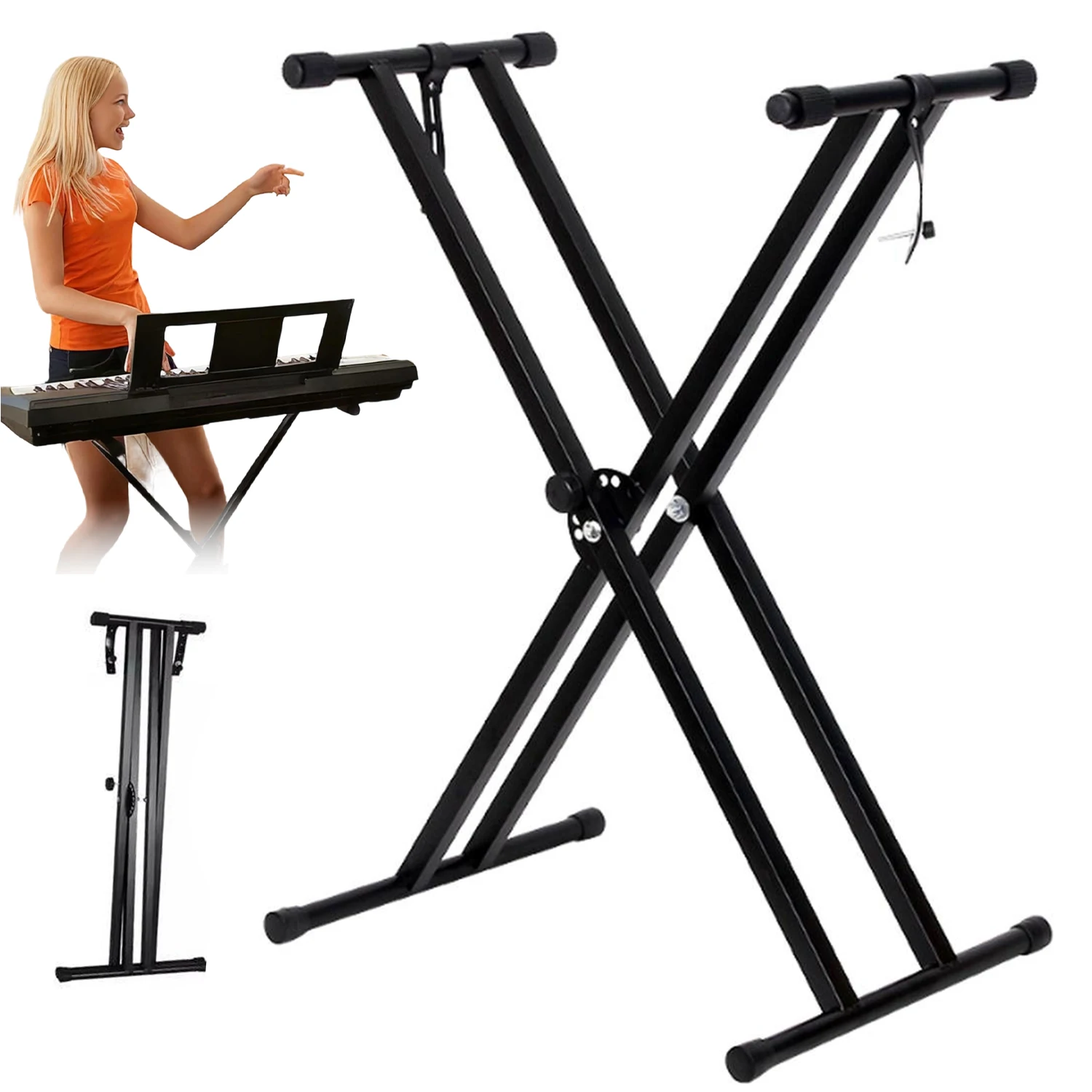 Soporte de Teclado Ajustable en Altura, Soporte de Piano en Forma de X de Alta Resistencia con Capacidad de Carga de 30 kg, Patas de Goma Antideslizantes y Plegable para el Hogar, Escenario, Música y