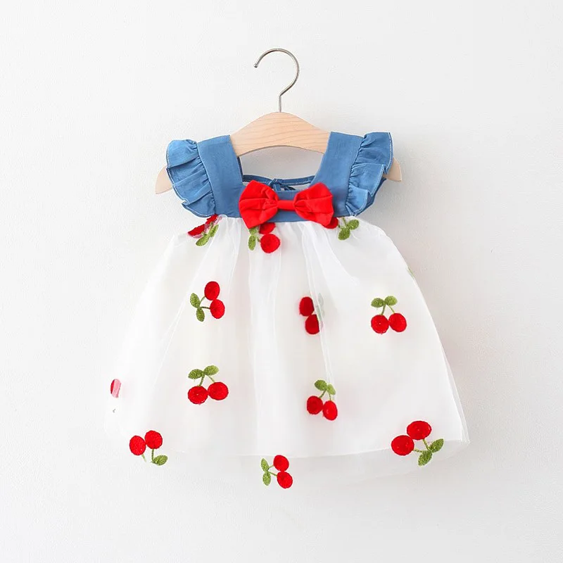 Summer Girl Dress Denim Fly Sleeved Bow Cute Cherry Colored Mesh Princess Dress Suitable for Babies Aged 0-3