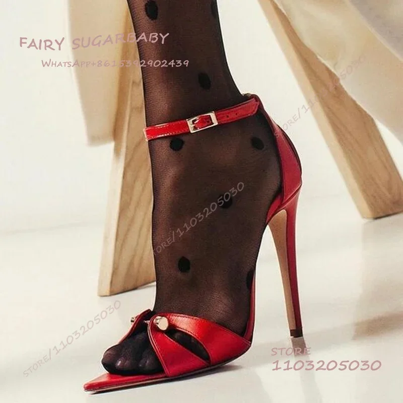 

Red Patent Leather Rivet Open Heel Buckle Sandals Women Pointed Toe Gold Stiletto Heels Girl Dress Nail Metal Design Summer Shoe