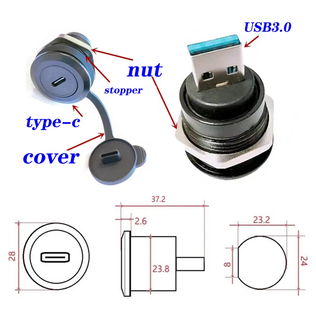 2Pcs Metal Round Socket Module D Type Straight Through Network TYPE-c3.1 USB2.0 USB3.0 Connector Panel Mounting