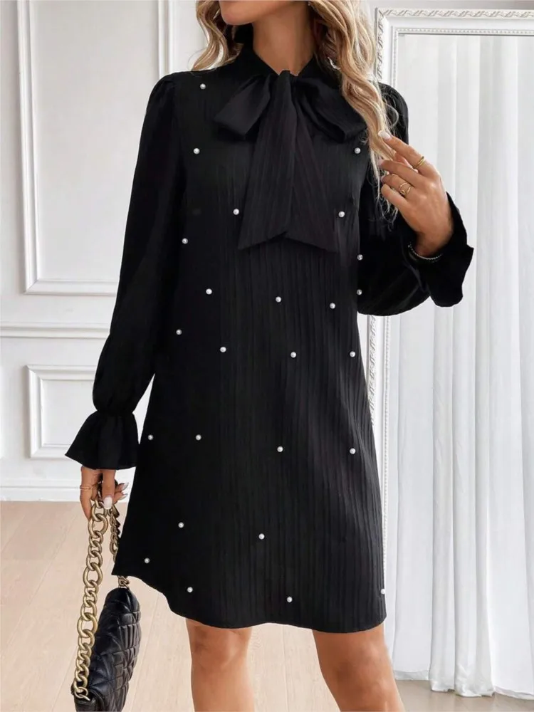 

Women's 2025 New Dresses Elegant Slim And Pearl-adorned Bow Dress Chic Lace-up Long Sleeve Flared Sleeves Office Ladies Vestidos