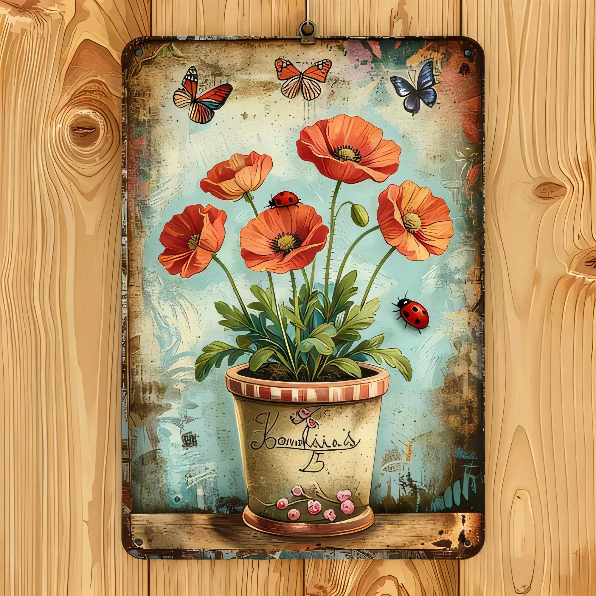 Home Decor Vase - لافتة معدنية بتصميم زهرة الخشخاش في
