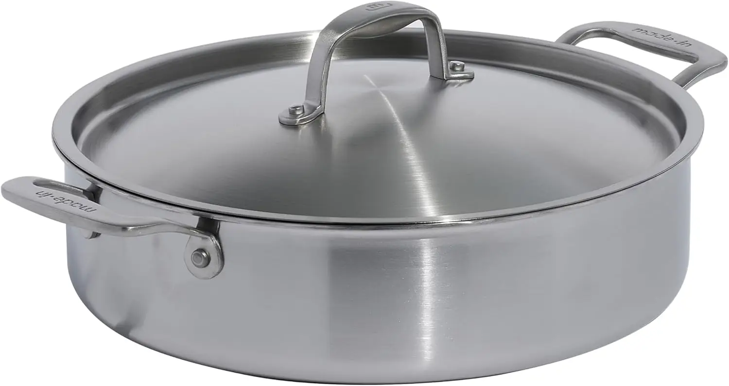 

6 Quart Stainless Steel Rondeau Pot w/Lid 5 Ply Stainless Clad Professional Cookware Crafted in Italy