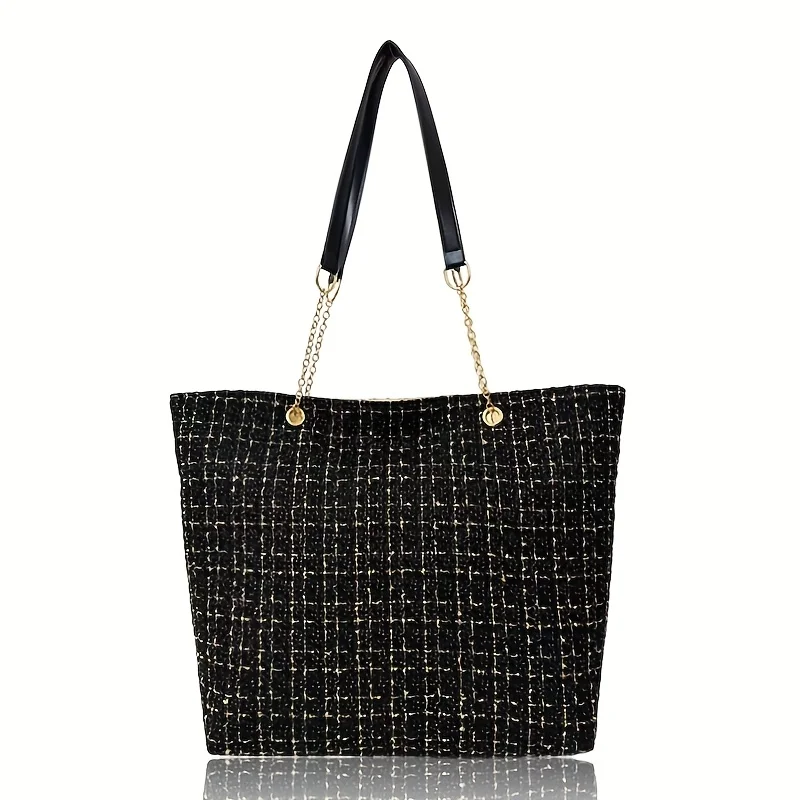 Elegante Damen-Vintage-Tweed-Tragetasche mit Karomuster, elegante Schultertasche mit großem Fassungsvermögen und goldenem Kettenakzent – Detail 7