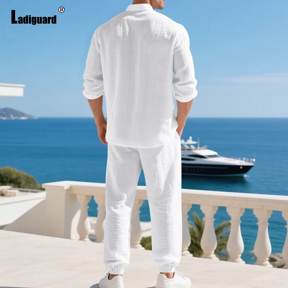 2025 Mens Casual Linen Two Piece Sets Mandarin Collar Top Pollovers and Straight Leg Pants Co-ords Mens Beach Tracksuits Set New