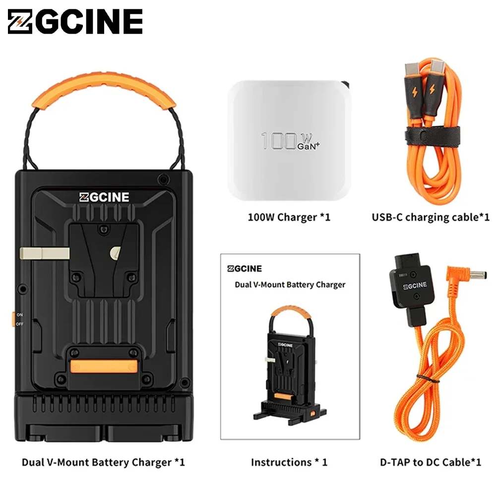 

ZGCINE Dual-Channel V-Mount Battery Charger V Lock Charger 100W USB-C PD Fast Charger for Most V Mount DC Input D-Tap Output