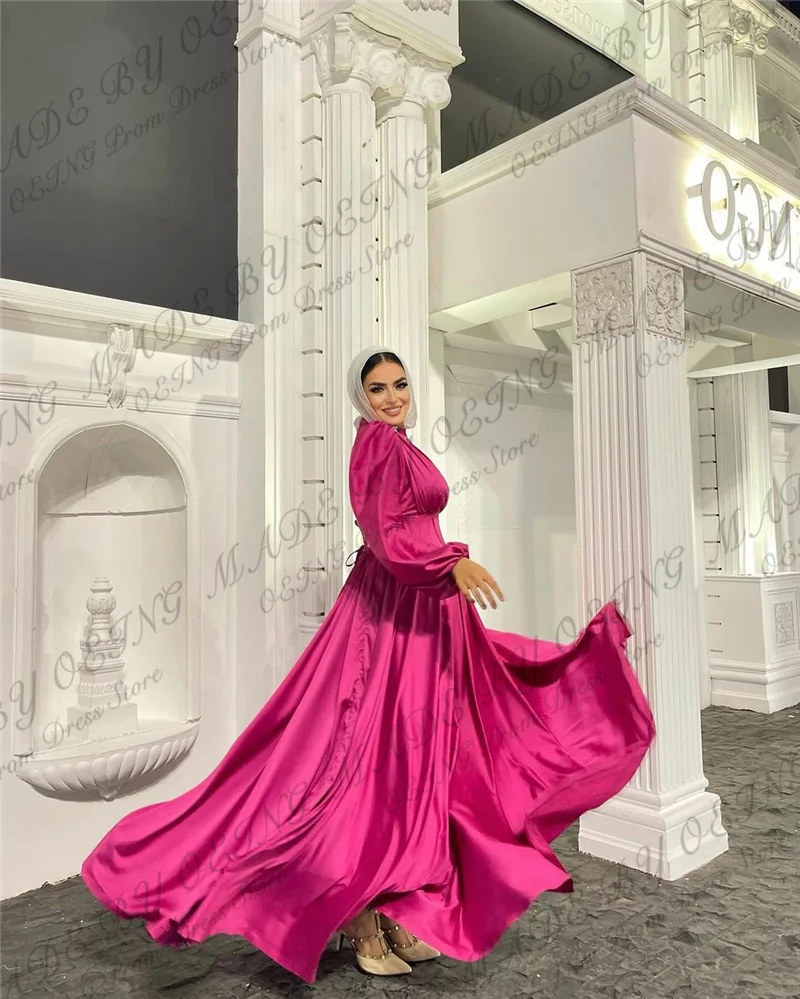 OEING Simple Fuchsia Muslim Arabic Evening Dresses Modest Long Sleeves High Neck Floor Length Formal Party Prom Gowns Silk