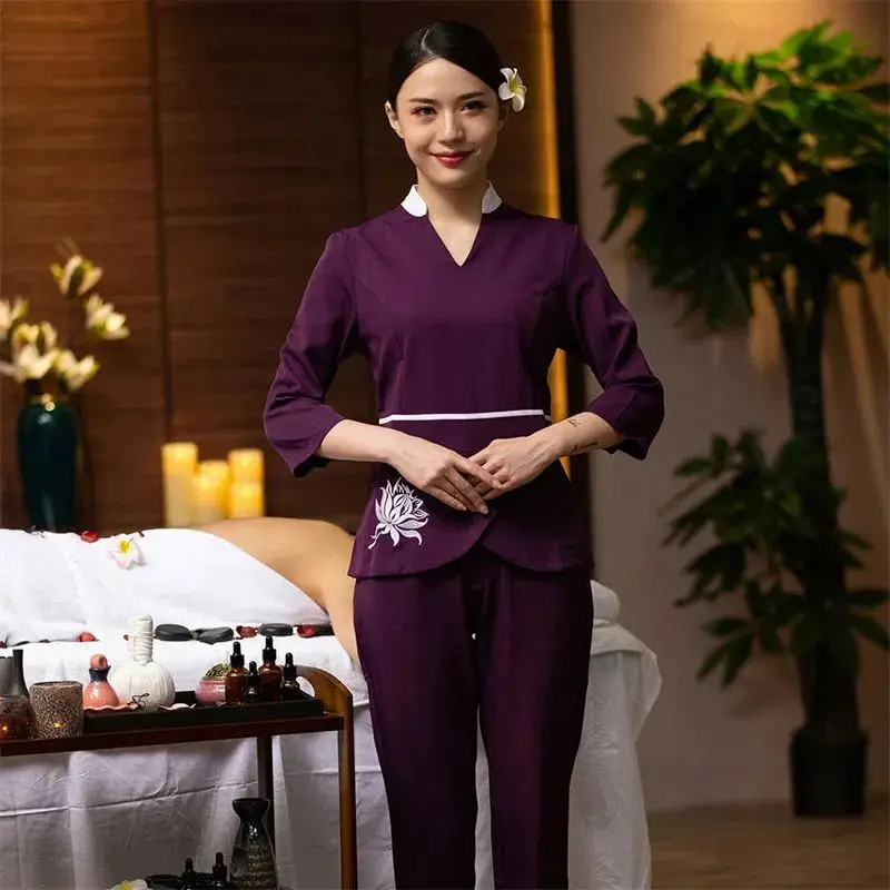 color-blocked-stand-up-collar-slim-fit-women's-technician-suit-foot-bath-foot-therapy-spa-massage-beautician-temperament-set
