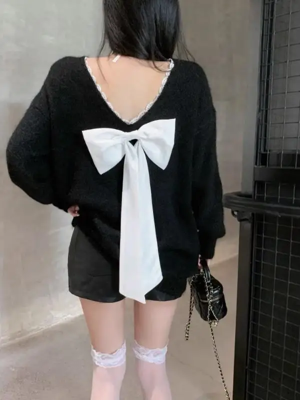 

Ladies V-Ne Knitted Sweater Knot One-oulder Loose Fit Autumn Winter Outerwear Comfortable Overhead Long Sve Top