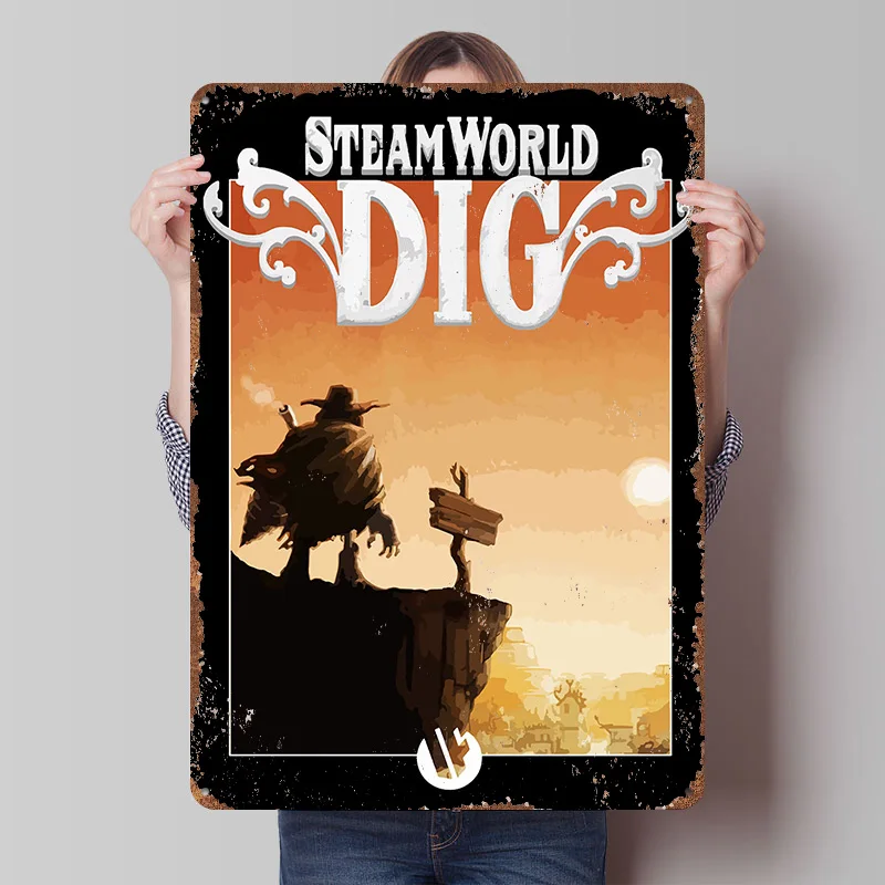SteamWorld Dig Game Cover Poster Customized Wall Art Vintage Metal Signs Retro Tin Plaque for Man Cave Room Decor Men Coffee Bar