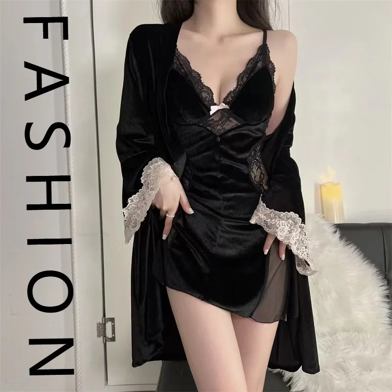 

2025 autumn and winter golden velvet sexy pajamas women's chest pad lace suspender nightgown two-piece set pure desire home new