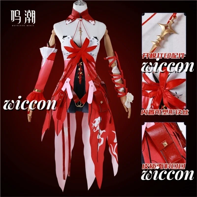 Wuthering Waves Phrolova Косплей Костюм Парик Игра Phrolova Equinox Цветок Красное Платье Женский Хэллоуин Косплей Костюм @ 0Z *