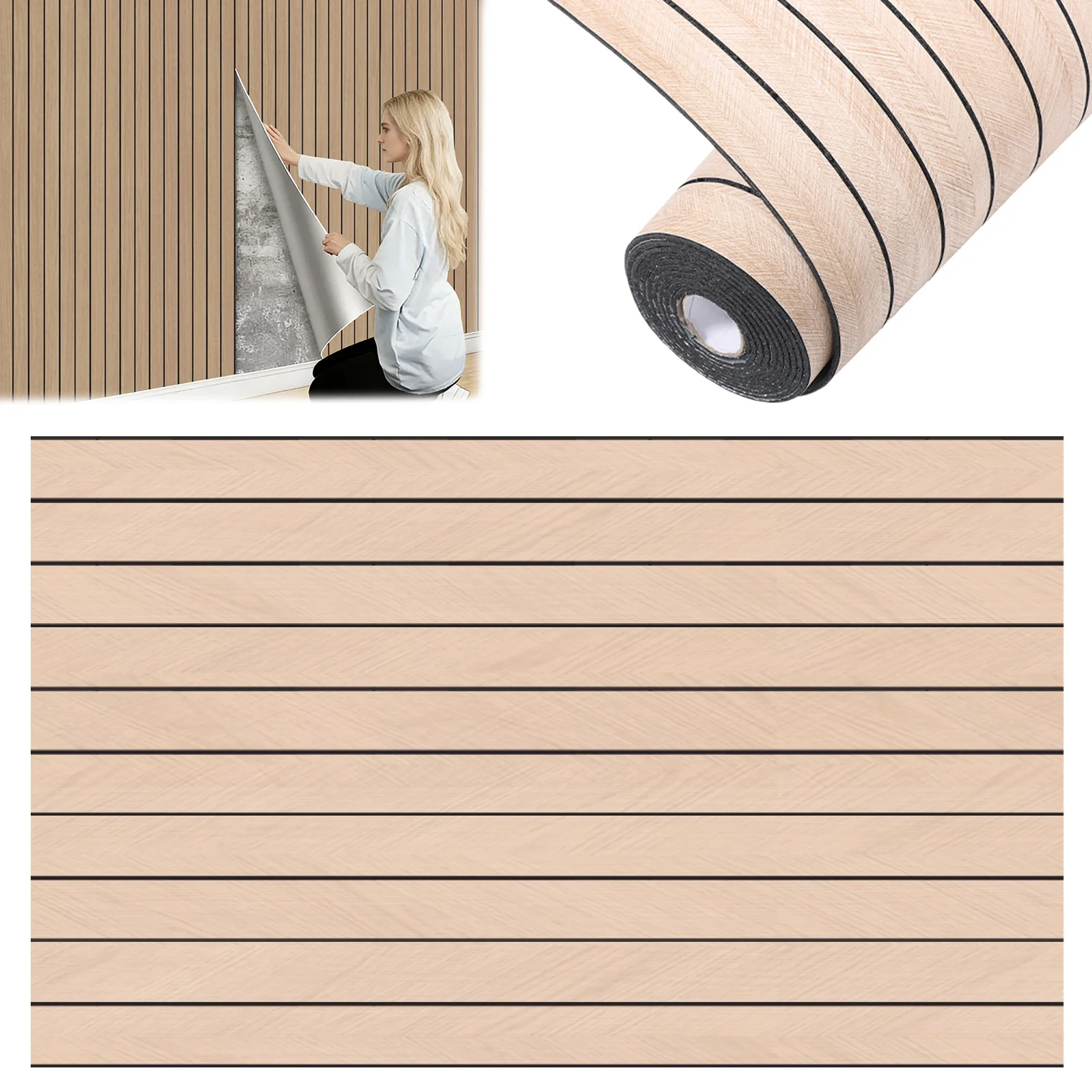 PVC Slat Wall Panel Peel and Stick 40x300CM Artificial Wood Slat Panel Self Adhesive Soundproof 3D Wallpaper for Home Bedroom