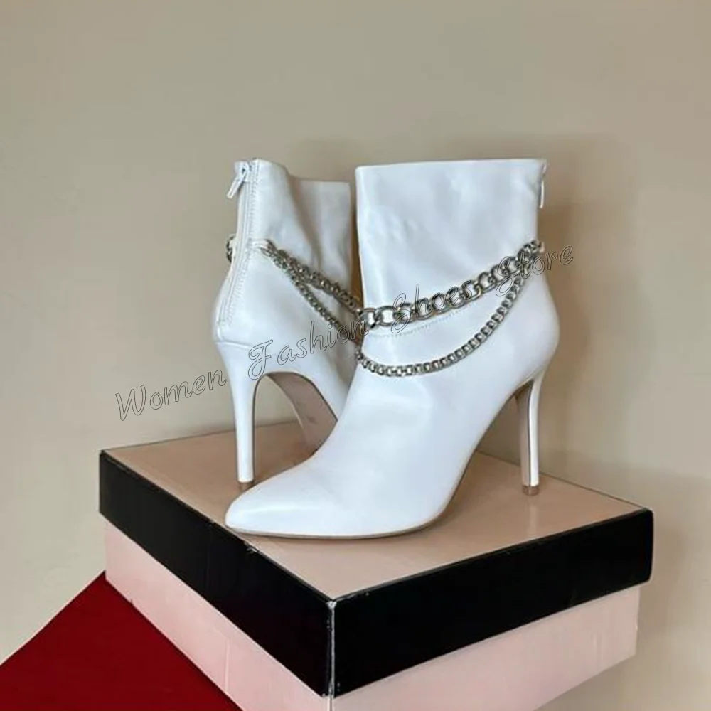 

White Chain Decor Pointed Toe Boots Stilettos High Heels Back Zipper High Heel Shoes for Women Heels 2024 New Zapatos Para Mujer